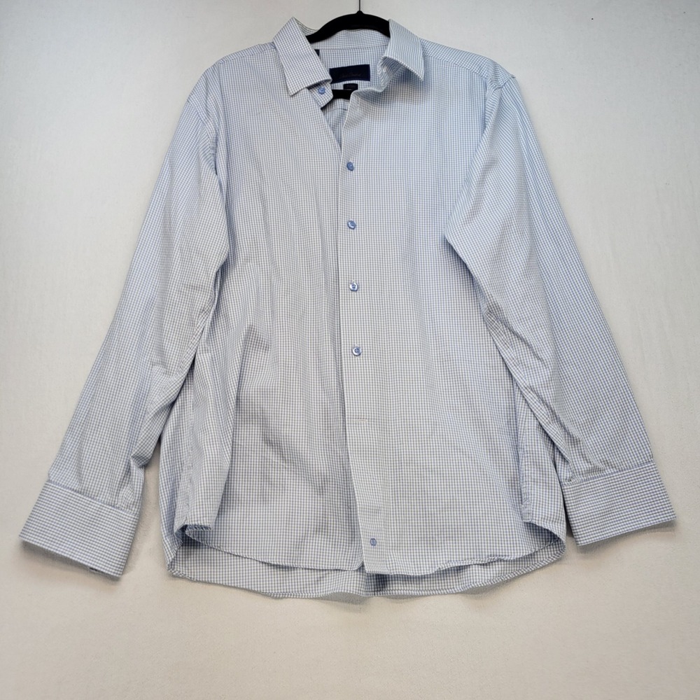 David Donahue Dress Shirt Mens 17.5 34/35 Blue Green Check Trim Fit Cotton